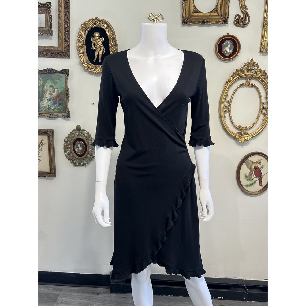 ABS by Allen Schwartz Vintage Black Ruffle Wrap Midi Dress Size Small